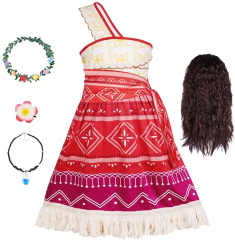 DiULi Costume Déguisement Fille Enfant Complet Robe avec Collier Couronne Barrette et Perruque pour Fille 4-10 Ans - Princesse Enfant Complet Robe pour Anniversaire Fete Carnaval - 120CM