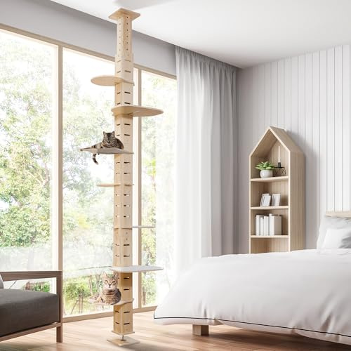 Verstellbarer Boden-zur-Decke-Katzenkratzbaum aus Holz, 7 Ebenen Katzenbaum mit Katzenleiter und Katzentreppe, platzsparender Kratzbaum für Ecke, Wohnzimmer und Schlafzimmer, 2,5–2,9 m verstellbar