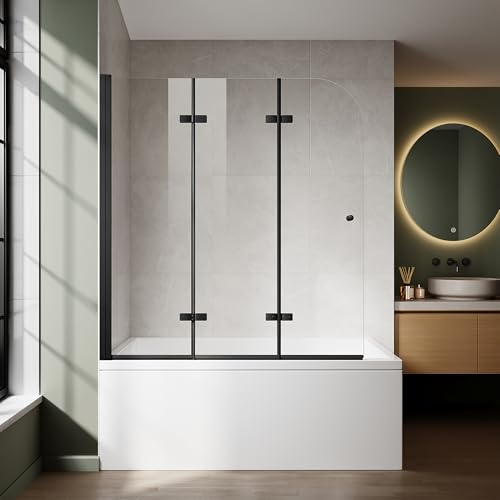 Bathtub Shower Door, 51-51.6 in. W × 59 in. H Tub Shower Door, 1/4 (6mm) Clear Tempered Glass, Tri-Fold 180° Swing Glass Panel with Easy-Clean Coating (Matte Black, 51x59)