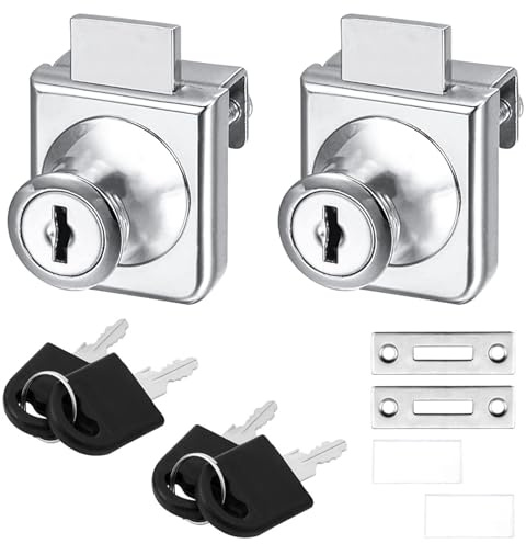 2 Pack Glass Cabinet Lock Single Glass Door Locks Display Cabinet Replacement Locks for 5-8mm Glass Door Separate Key Without Drilling, Zinc Alloy (with 4 Keys)