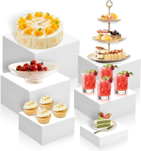 Lotusland Buffet Risers Set of 6 – White Acrylic Food Display Stands in 3, 4, 5, 6, 7, 8 – Multi-Size Dessert Table Risers for Buffet, Catering, Weddings, Parties, Cakes, Cupcakes & Appetizers