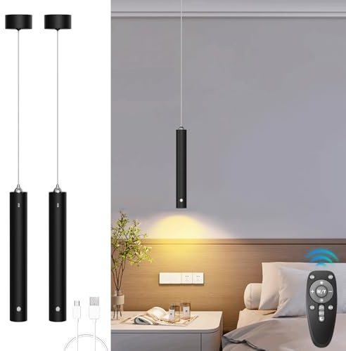 ACMHNC Suspension Sans Fil, 2 pcs Suspension Luminaire avec Batterie 4500 mAh, Dimmable avec Télécommande, Minuterie 1/2/4/6h, 5 W, Lampe Suspendue LED Noire Pour Chambre, Cuisine,Table à Manger