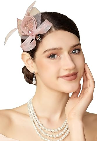 BABEYOND Fascinators Haarschmuck für Damen - Eleganter und Modischer Hochzeit Fascinators Netzhaube mit Federn Haarclip Nude-Pink