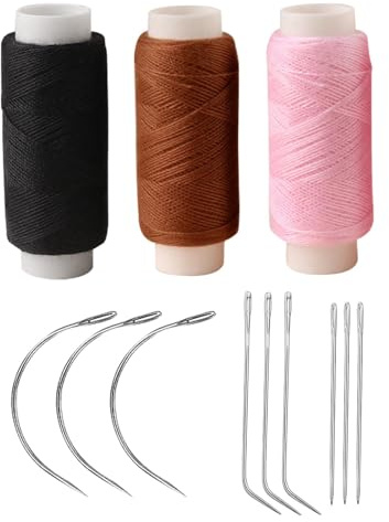 Juego de agujas e hilos para el cabello, juego de 12 hilos de coser y agujas con 9 piezas en forma de C/J/I, hilo de tejer para hacer pelucas, coser a mano, extensiones de tejido de cabello (3 colores