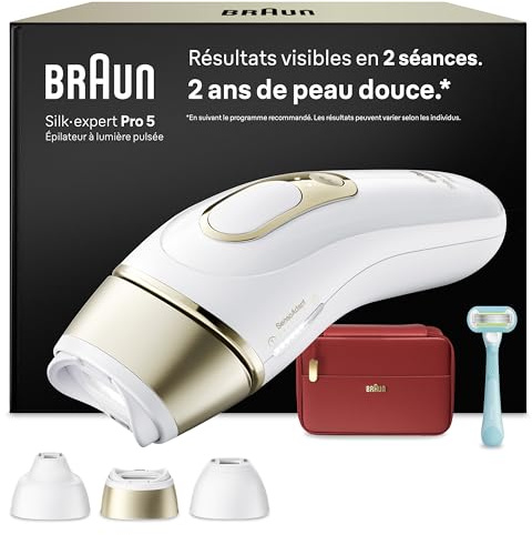 Braun Epilateur Lumiere Pulsee Silk·expert Pro 5 PL5262, Blanc et Or – Alternative au Laser à Domicile, Filaire, avec Pochette, Rasoir Gillette Venus, 3 Têtes