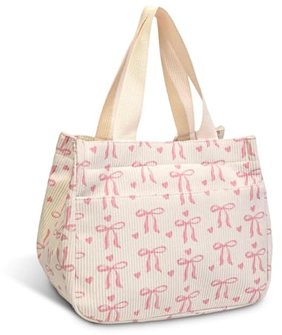 Nodrex Bow Lunch Bag, Lunch Bags for Women, Cute Corduroy Lunch Bag for Girls Ladies, Soft Insulated Lunch Bag for Work, School, Daily Food Storage Tote