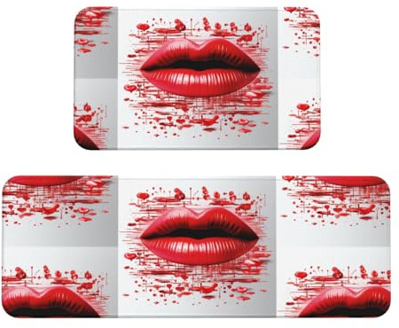 Printing Lips Kitchen Rugs Set of 2, Cushioned Anti-Fatigue Kitchen Mats for Floor, Waterproof Comfort Standing Mat Absorbent Velvet Kitchen Runner Rugs 17x30+17x47