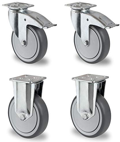 Rollensatz 2 Lenkrollen mit Feststeller + 2 Bockrollen 100 mm Thermoplastisches Gummi Apparaterolle