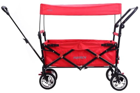 FUXTEC CT700 Red Folding Wagon for Kids to Sit In – Stroller-Style Push-Pull Hand Cart with Removable Canopy, Dual Brakes & 4-Wheel Design for Outdoor Transport, Hiking & Fishing