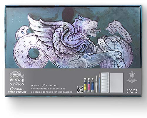 Winsor & Newton 0390659 Cotman Postkarten Geschenk-Kollektion, 3 Aquarellfarben, 1 Zeichentusche, 1 Pinselstift, 2 Pinsel, Palette und 6 Postkarten
