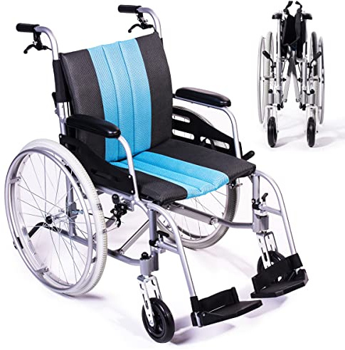 Hi-Fortune Lightweight Wheelchair 21lbs Self-propelled Chair with Travel Bag and Cushion, Portable 17.5” W Seat, Brake, Anti-Tipper, Swing-Away Footrests, 220lbs Weight Capacity, Blue (Pack of 1)