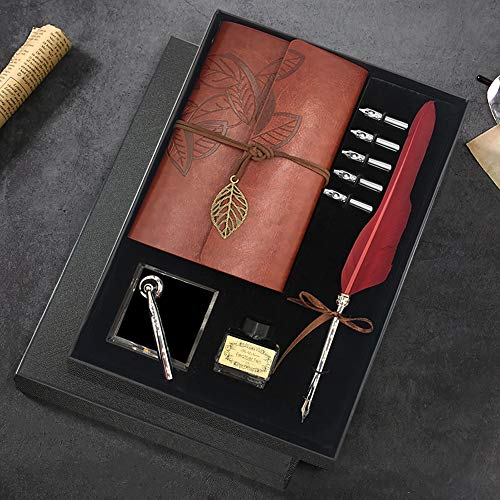 GCCL Schreibfeder und Tinte Set, Kalligraphie Set Füllfederhalter Feder Dip Quill Pen schreiben Tinte Set mit 5 Ersatzfedern, Sockel für Stift, Notizblock, Tinte, Geschenkbox (Rot)