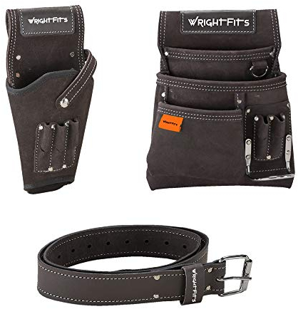 WrightFits Leather Tool Belt Pouch with Multi Pockets | Hammer Loop Drill Holster Work Tool Organiser & Storage with Belt | Adjustable Waist For Carpenters, Gardeners, Builders, Electricians