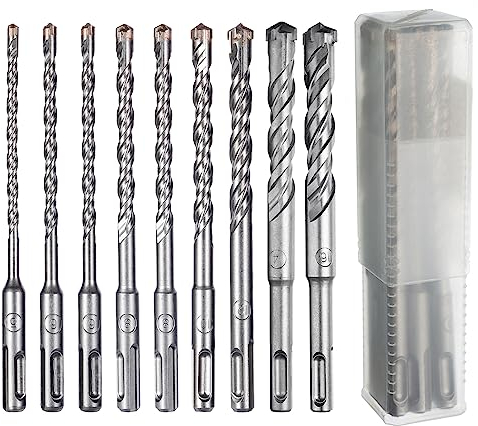 HPMAISON Punte da Trapano, 9 Pezzi SDS PLUS, Punte a Percussione Rotante 5-16mm, Punta in Carburo a Quattro Taglierine per Calcestruzzo, Mattoni, Pietra, Cemento, Muratura, Plastica, Legno