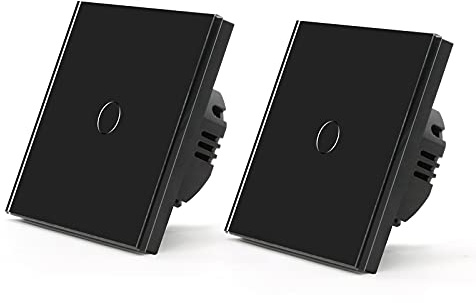BSEED Touch Lichtschalter aus Glas, Modern Schalter Unterputz, Wandschalter mit LED Hinterlicht (Kein Neutralleiter erforderlich), KEIN WLAN, 86mm 1 Fach 1 Weg Schwarz, 2 Pack