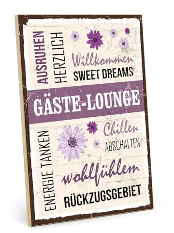 TypeStoff Holzschild mit Spruch – Gästezimmer – im Vintage-Look mit Zitat als Geschenk und Dekoration zum Thema Lounge und Gäste - HS-01015