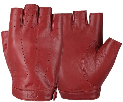 GSG SINCE 1998 Fingerlose Lederhandschuhe Damen Schafsleder | Ungefütterte Halbfinger-Handschuhe für Damen aus Leder – atmungsaktiv, griffig, elegant mit Druckknopf beim Autofahren 200103