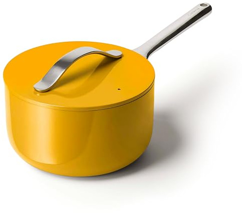 Caraway Nonstick Ceramic Sauce Pan with Lid (3 qt) - Non Toxic, PTFE & PFOA Free - Oven Safe & Compatible with All Stovetops (Gas, Electric & Induction) - Marigold