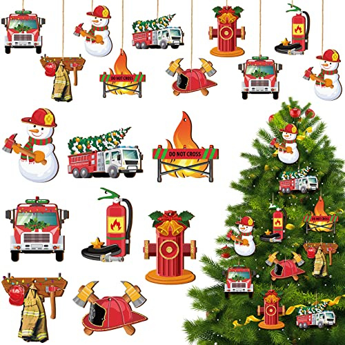32 Stück Weihnachtsschmuck Mit Seil Holz Feuerwehrmann Geschenke Gedenkstätte Feuerwehr Dekor Dekorative Hängende Ornamente für Weihnachtsbaum (Feuerhydrant Stil) | Feuerwehrauto Hydrant Axt Helm Designs, doppelseitig mit Seil, Feuerwehrmann Geschenke Abteilung Gedenkbaum Urlaub Party