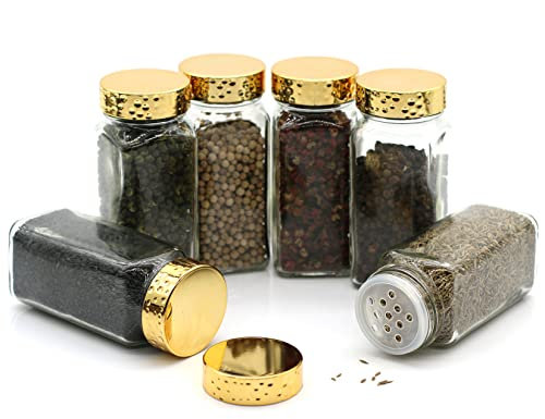 6pcs Gold Spice Jars, 4 oz Glass Seasoning Bottles, Spices Container, Empty Spice Jars , Square Spice Bottles with Airtight Plastic Caps with Shaker Lids