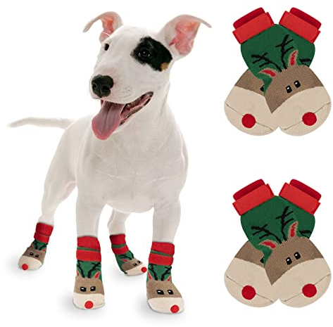 RANYPET Weihnachtssocken für Hunde 2 Paar – Indoor Anti-Rutsch Socken Weicher Verstellbarer Pfotenschutz für Alter Hund mit Riemen Traktionskontrolle für den Innenbereich auf Hartholzböden M