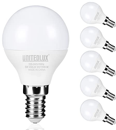 UNITEDLUX E14 LED Light Bulb 40W Equivalent, 5W Edison Screw LED Golf Ball Bulbs 3000K Warm White 25000 Hours Lifespan, Non-Dimmable 450 Lumen Light Bulbs, Pack of 6