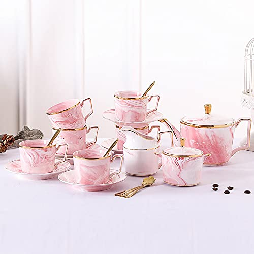 Juego De Té para Adultos Juegos De Té De Porcelana Modernos con Patrón De Mármol Juego De Taza De Café Y Platillos Servicio De Té con Tetera, Azucarero, Jarra De Crema,Rosado (Gris) (Rosa) Decoration