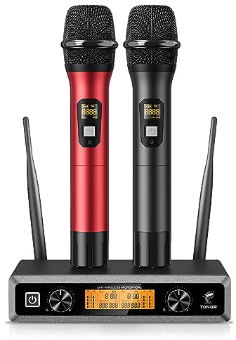 TONOR Microphone sans Fil Systèmes de Micro UHF Double Portable Micros Dynamiques pour Karaoké, Fête, DJ, Église, Mariage, Réunion, 60m, TW820, Noir et Rouge