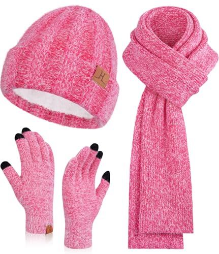 Damen Winter Warm Beanie Mütze Touchscreen Handschuhe und Lang Schal Set mit Fleece Gefütterte, Thermo Wintermütze Strickmütze Schals Winterhandschuhe Strickhandschuhe Frauen Geschenk, Rosa Rot
