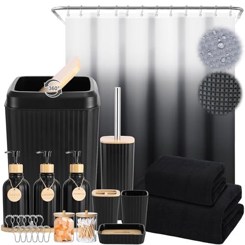32PCS Bathroom Set Bathroom Accessories with Shower Curtain and Bath Towel,Trash Can,Bathroom Decor,Black Shower Curtain Set,Toilet Brush,Trash Can & 3PCS Soap Dispenser