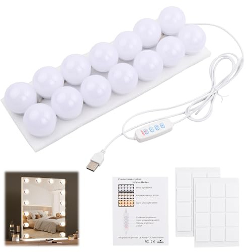 Jinlaili 14 bombillas regulables estilo Hollywood LED, espejo de luz y 3 colores, 9 niveles de brillo