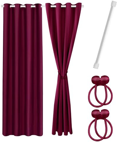 Cozyor Praktisches Set ohne Bohren: 2X Vorhang + 1x Klemmstange 111-200 cm + 2X Raffhalter mit Magnet Blickdicht & verdunkelnd, als Raumteiler, Fenster & Tür Rot Bordeaux Thermovorhang 220x135cm
