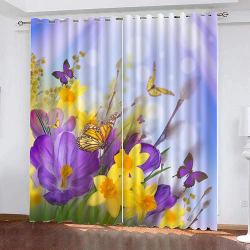 GIOVIA 3D Schmetterling Gardinen Abdunkelnde Frühling Blumen Kindervorhänge Vorhang mit ösen 2er Set Vorhänge Blickdicht Verdunkelungs für Kinderzimmer Schlafzimmer Wohnzimmer B 140 X H 160 cm