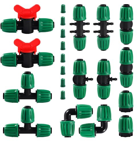 VooGenzek 22 ST Droppbevattningsbeslag för 13/16 mm till 4/7 mm Slangar, Droppbevattning med Hullingförsedda Kopplingar för Trädgård, Gräsmatta, med Kopplingsventil, Tees, Armbåge, Ändplugg, Grön
