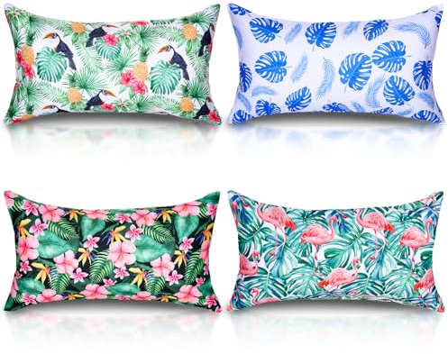 Hollowfly 4 Pack Inflatable Beach Pillows with Removable Washable Covers Hawaii Tropical Style Portable Air Pillows for Vacation Sand Tanning Pool and Travel(Tropical Leaves)