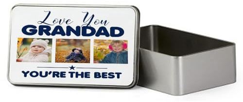 Personalised Photo, Father's Day Gift, Love You Grandad You're The Best, Metal Tin Storage Box, Biscuit, Chocolate, Emergency Stuff Tin. (Rectangular)