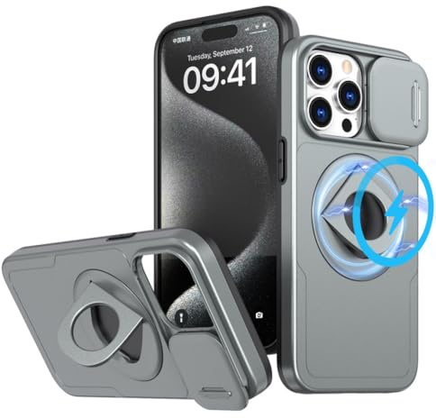 ADKOT Custodia magnetica con ricarica wireless per iPhone 15 14 Plus 13 12 11 Pro X XR XS Max Copriobiettivo scorrevole ad anello, grigio, per iPhone 14Pro Max