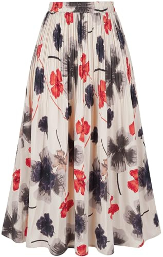 Basoteeuo Pleated Skirts for Women Chiffon Midi Length Trendy Summer High Waisted A Line Long Skirt Floral Red XL