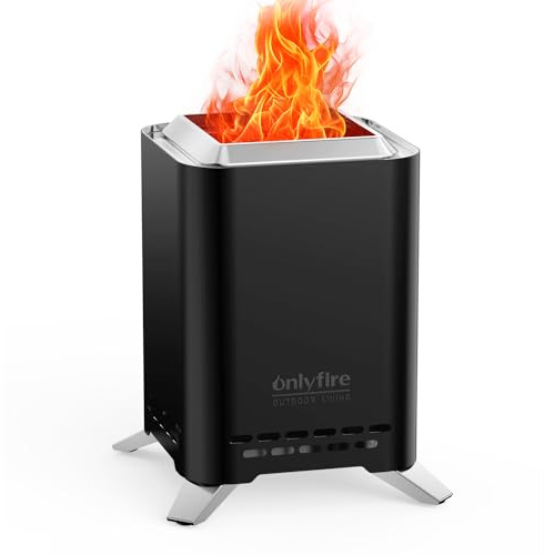 Onlyfire Brasero Carré 2 en 1 Portable, Foyer de Table Extérieur à Granulés ou Bois, Cheminée de Table Sûre avec Sac de Transport et Support de Pot, Noir