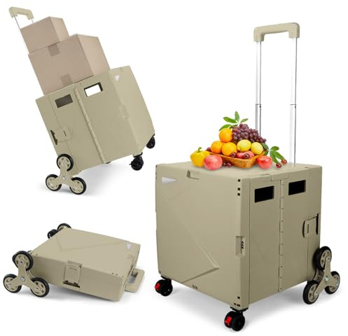 Foldable Utility Cart, Shopping Trolley Box with Stair Climber Wheels, Folding Box Cart with Adjustable Handle, Grocery Storage Box with Seat, 80KG/55L for Teachers, Office, Shopping, Home - Brown