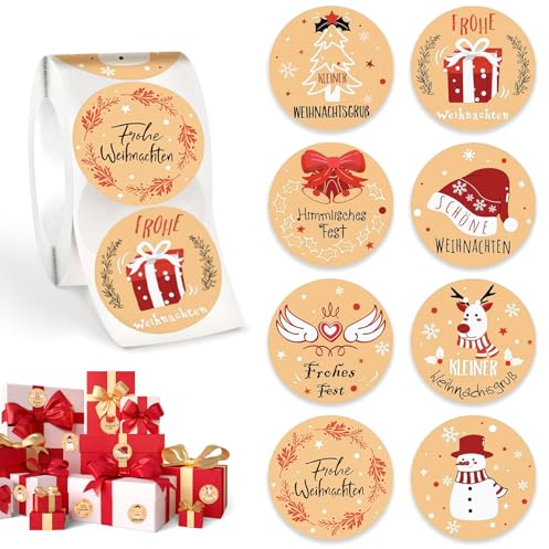 500 PCS Aufkleber Weihnachten Rund,1 Rolle, Sticker Weihnachten Rund, Aufkleber Rolle Weihnachten, Kraftpapier Weihnachtsaufkleber, Für Umschlag, Geschenktüten, Weihnachtskarten(4cm)