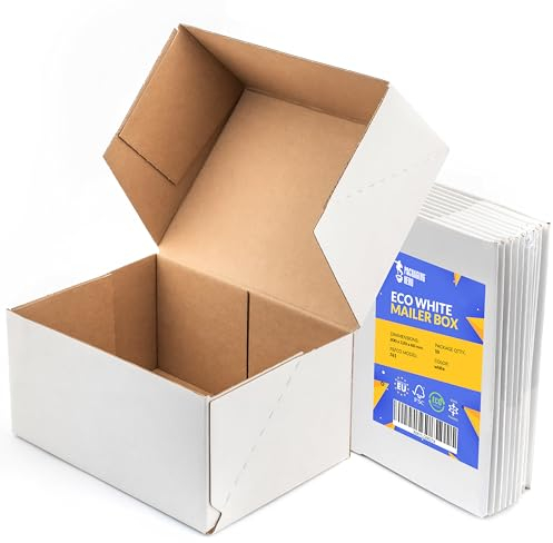 Packaging Hero 20 x 15 x 10 cm (ungefär). 8 tum x 6 tum x 4 tum) vita korrugerade kartonglådor, presentaskar, e-handelslåda (20 pack)