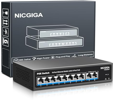 8 Port PoE Switch Unmanaged mit 8 Ports 100 Mbit/s PoE+@120 W + 2 * Gigabit-Uplink-Port, NICGIGA 10 Port 802.3af/at Power Over Ethernet Netzwerk Switch, VLAN und 250 m Extender-Modus, lüfterlos.