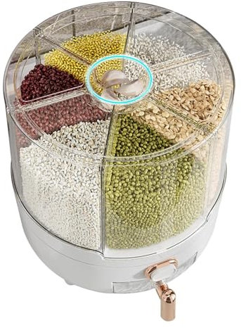 Rice Storage Bin - Dry Food Dispenser | Rotating Rice Dispenser | 360 Degree Rotating Rice Dispenser 6 Compartment Grain Holder Multi-Compartment Food Organizer Rotating Food Dispenser For Rice