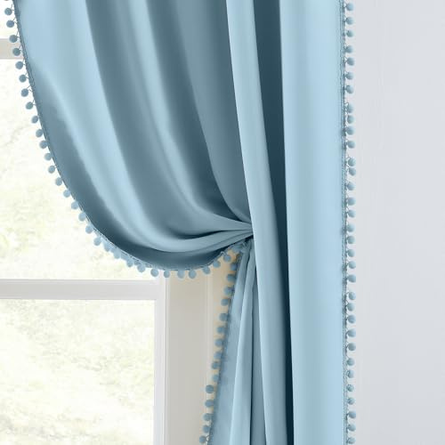 Melodieux Blue Pom Pom Curtains 84 Inches Long for Bedroom, Living Room Darkening Blackout Boho Curtains 2 Panels, Cotton Textured Thermal Insulated Drapes Rod Pocket for Kids Nursery, 52 W x 84 L