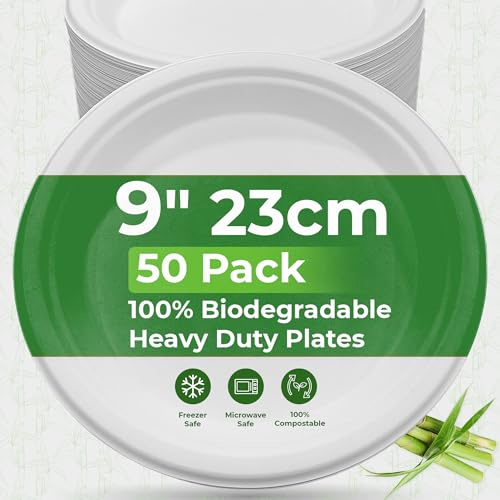 PRIME FEEL 9 Inch Disposable Paper Plates (50 Pack) 100% Compostable Sugarcane Heavy-Duty Eco Friendly Plates for Party Events, BBQs, Camping, and Picnics