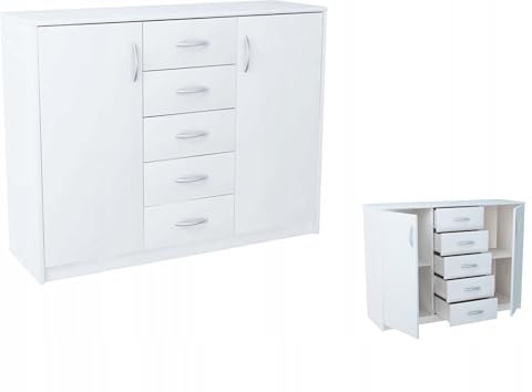 MATKAM Moderne Kommode 2D5S mit 2 Türen und 5 Schubladen - Robuste Aufbewahrungslösung für Schlafzimmer und Wohnbereiche (Weiß)