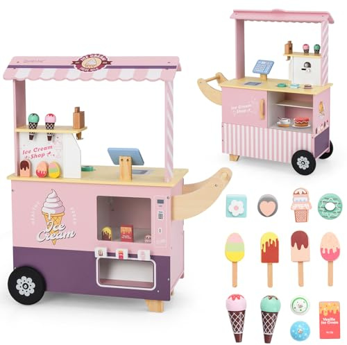 COSTWAY Kids Ice Cream Cart, Wooden Grocery Store Playset with Play Food, Vending Machine, Ice Cream Maker, Role Play Dessert Shop Trolley for Ages 3+ (Pink)