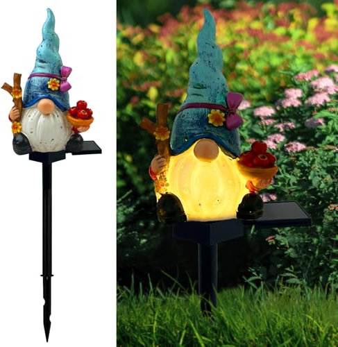 LAIAMER Gnomo da giardino a energia solare, statua di gnomo da esterno con fiori e mela, luci da giardino a energia solare, decorazione per casa, esterno, cortile, prato, patio, gnomi (blu)