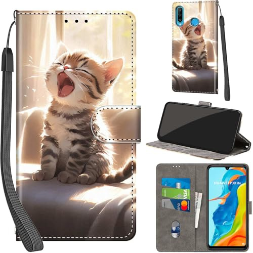 Handyhülle für Huawei P30 Lite Leder Wallet Tasche Pandas | 3 Kartenfächer & 1 Geldfach, Magnetverschluss, Ständerfunktion, robuste premium PU leder klapphülle für Huawei P30 Lite
